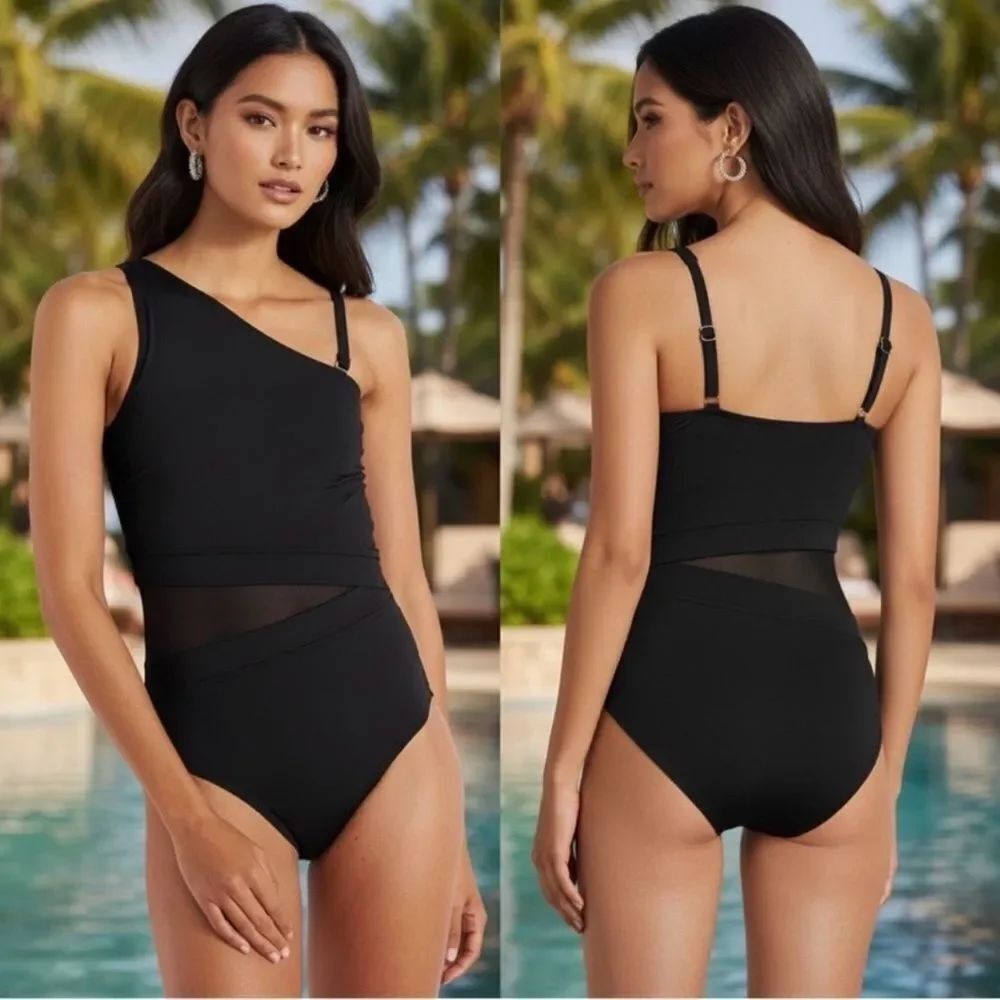 Land's End Smoothing Mesh One Piece Swimsuit One shoulder Soft cup Black Various